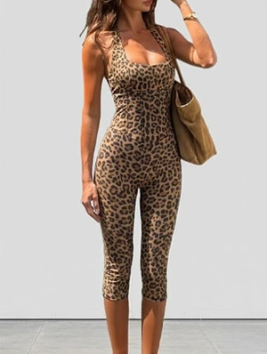 Leopard Pattern Halter Bodycon Capri Jumpsuits