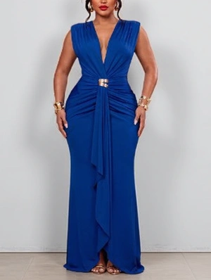 Metal Decor V Neck Sleeveless Ribbons Maxi Dress