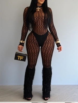 Rhombus Lattice Gauze Sheer Fitted Jumpsuits