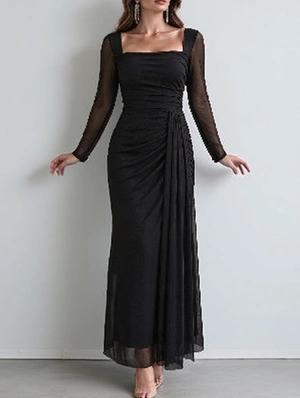 Square Neck Long Sleeve Bodycon Maxi Dress