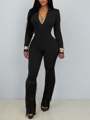 V Neck Zipper Tassel Fur Trim Jumpsuits