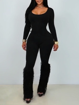 U Neck Long Sleeve Fur Trim Fringe Jumpsuits
