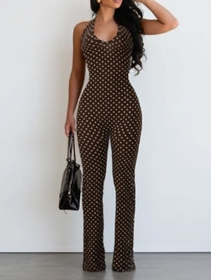 Dots Halter Backless Lace-Up Flared Jumpsuits