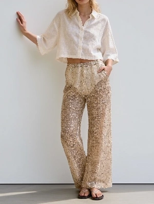 Sequin Beaded High Waist Straight Leg Pants
