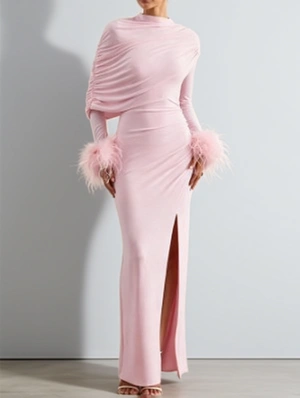Ruched Fur Trim Split Hem Maxi Dress