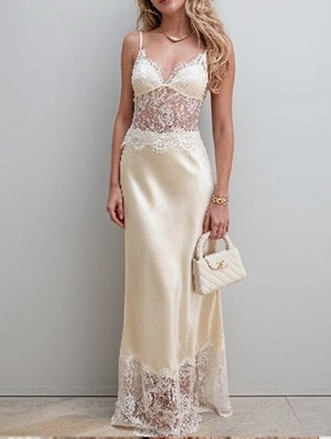 V Neck Sheer Backless Lace Panel Long Dress