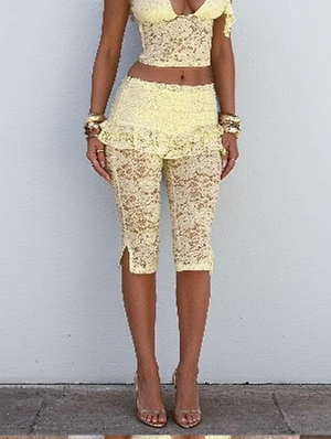 Lace Ruffle High Waist Slit Sheer Capri Shorts