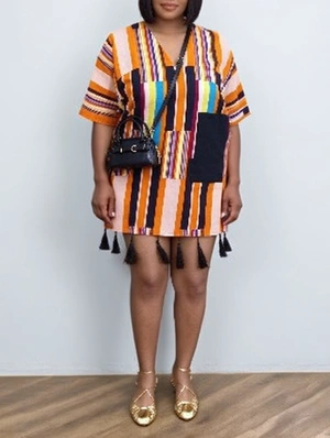 Irregular Stripe Tassel V Neck Bodycon Dress