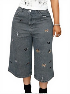 Distressed Embroidery Denim Wide Leg Capri Jeans