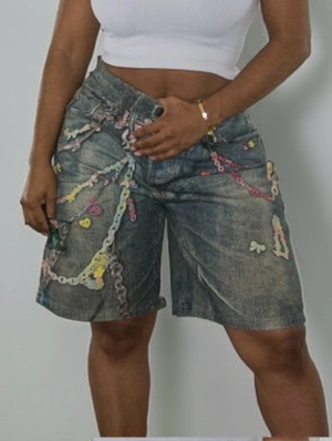 Distressed Graffiti Denim Knee Shorts