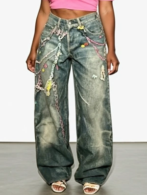 Colorblock Printed Denim Wide Leg Jeans