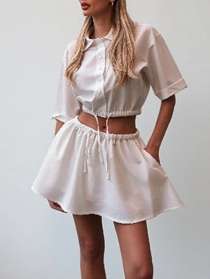 Turn Down Collar Drawstring Top Pleated Skirt Set