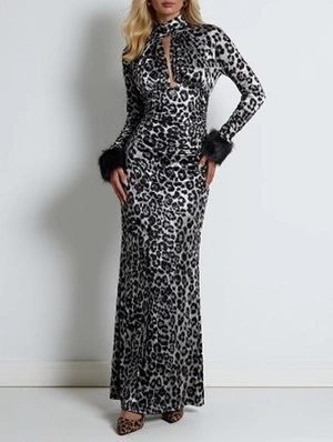 Leopard Hollow-out Fur Trim Maxi Dress