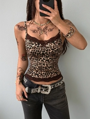 Chic Leopard Print Lace Trim V Neck Bow Cami