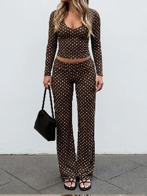 Polka Dot U Neck Crop Top Flared Pants Set