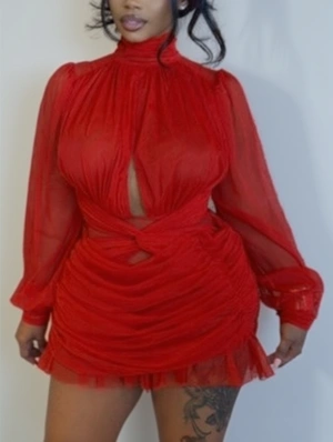 Irregular Ruched Twist Gauze Sheer Mini Dress
