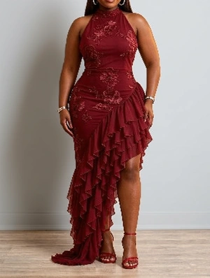  High Neck Fitted Fishtail Tiered Ruffle Hem  Dress 