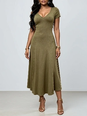 Solid Color Short Sleeve Fitted Long Dress