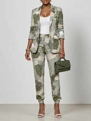 Printed Blazer Suit Office Two Piece Pants Set