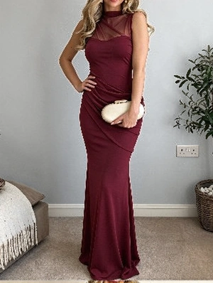 Sheer Mesh Panel Sleeveless Ruched Long Dress