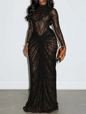 Ruched Lace Sheer Long Sleeve Maxi Dress