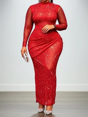 Mock Neck Rhinestone Mesh Bodycon Gown