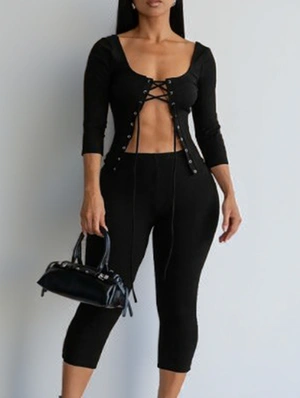 Eyelets Tie-wrap Cropped Capri Pants Sets