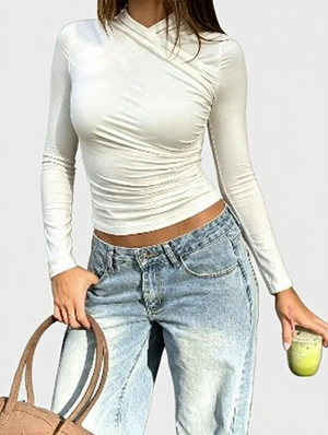 Elegant Cross Front Ruched Waist Fitted Tee