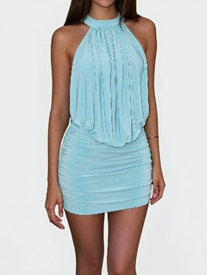 Halter Mesh Open Back Ruched Short Dress