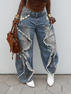Chic Frayed Hem Destroyed Curved Cut Jeans
