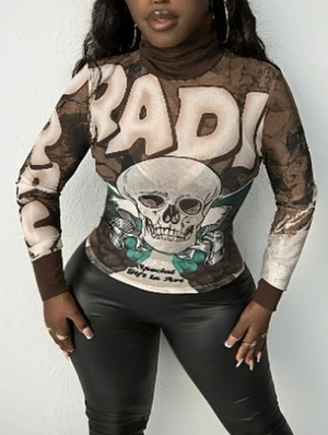Skull Printed Gauze Cowl Neck Long Sleeve Tops