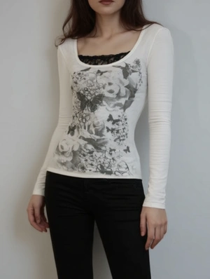 Lace Panel Square Neck See Through T-shirts